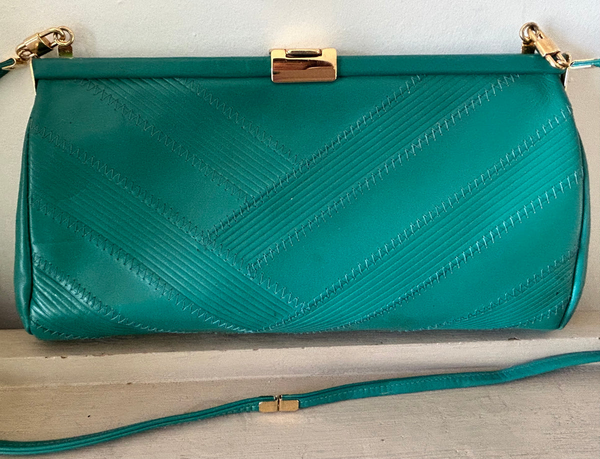 Vintage 1980s Jade Green Faux Leather Stitch Detail  Shoulder Or Clutch Bag