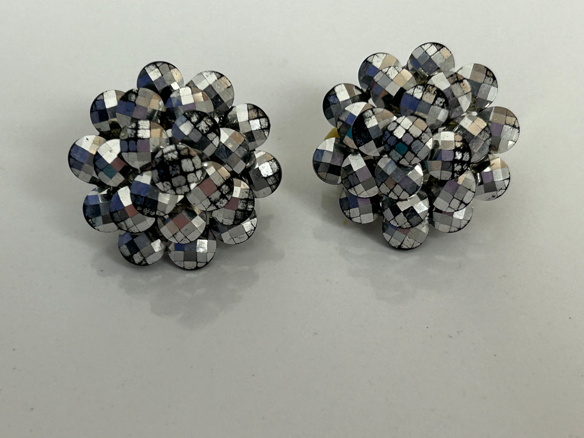 Vintage 1960s Gorgeous Silver Disco Ball Effect Cluster Clip On Earrings