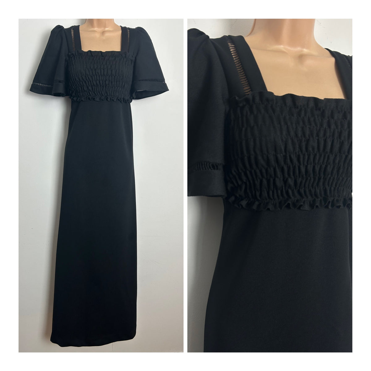 Vintage 1970s Size 10-12 Black Shirred Bodice Ladder Lace Detail Maxi Dress
