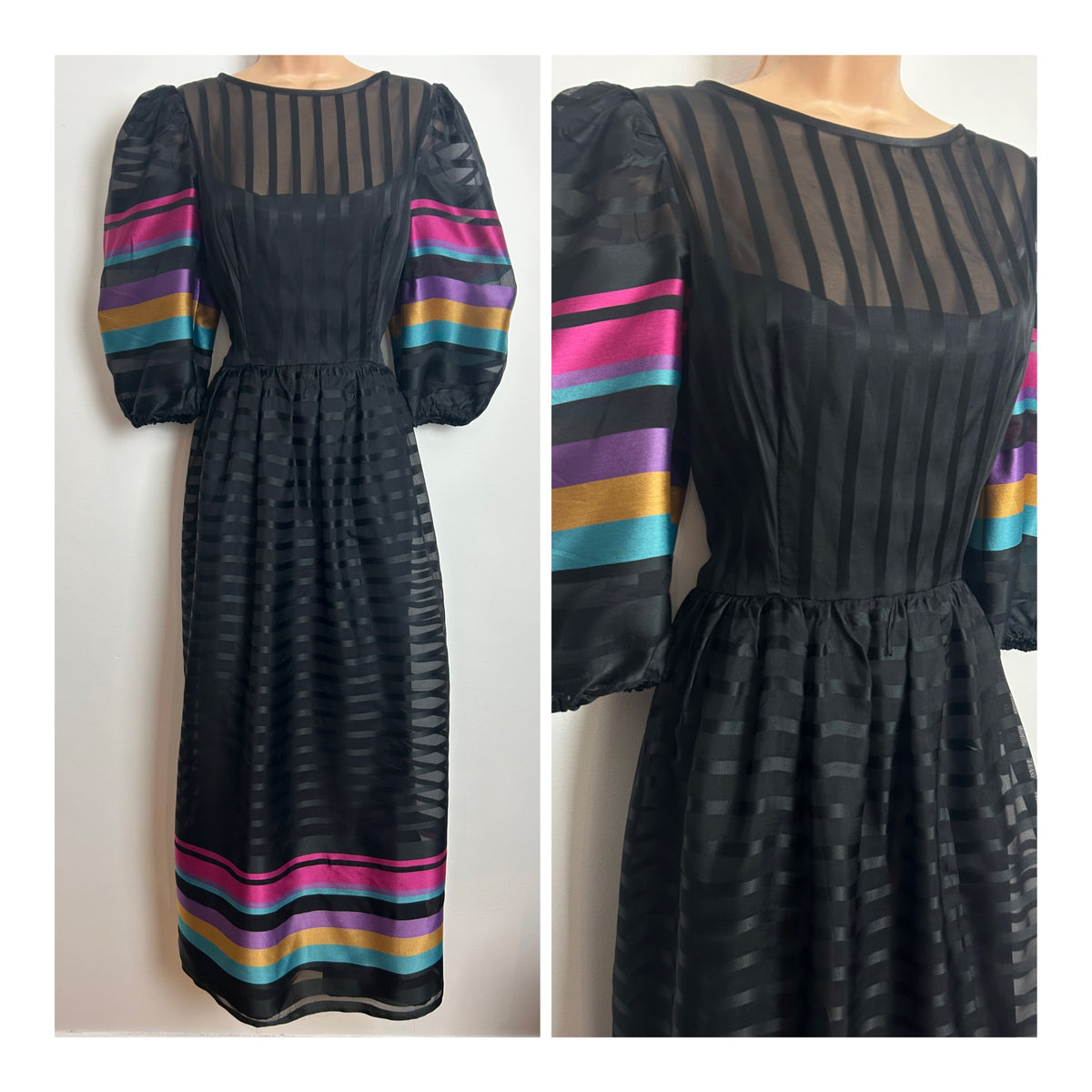 Vintage 1980s CHARADE Size 10-12 Black Blue Pink Mustard & Purple Stripe Print Maxi Dress