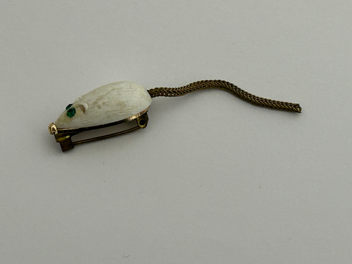 Vintage 1960s RARE Gold Tone & White Celluloid Tiny Mouse Brooch With Articulated Tail