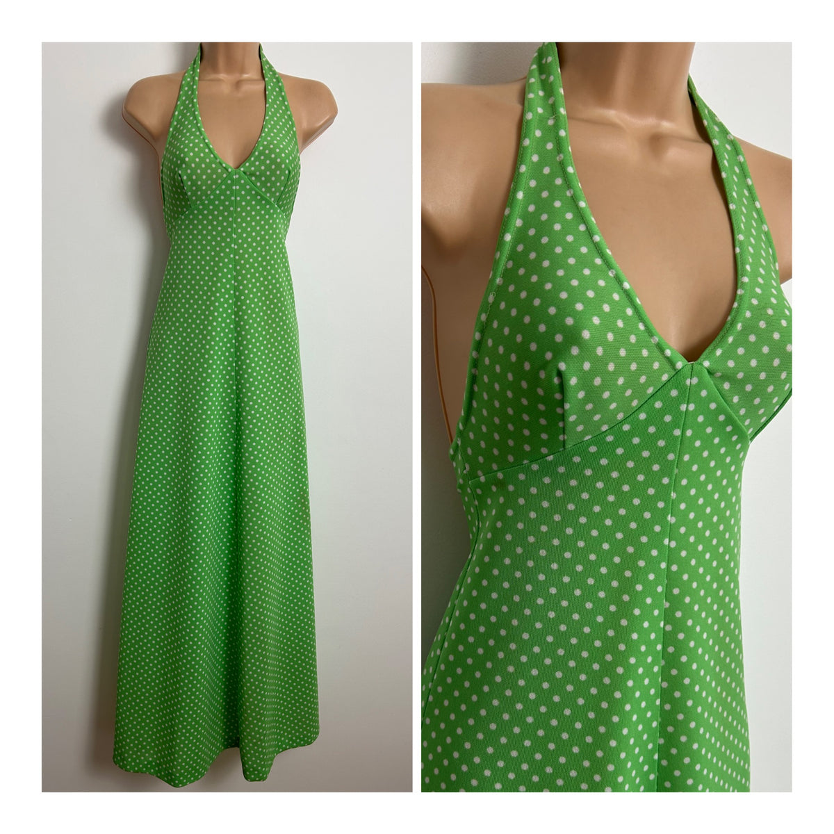 Vintage 1970s Size 4-6 Green & White Polka Dot Print Halter Neck Summer Maxi Dress
