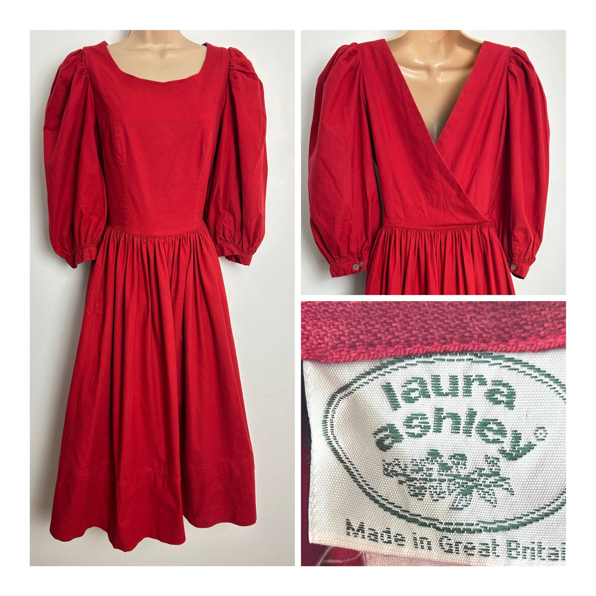 Vintage 1980s LAURA ASHLEY Size 10 (Size 12 On Label) Red Cross Over Back Puff Sleeve Midi Dress