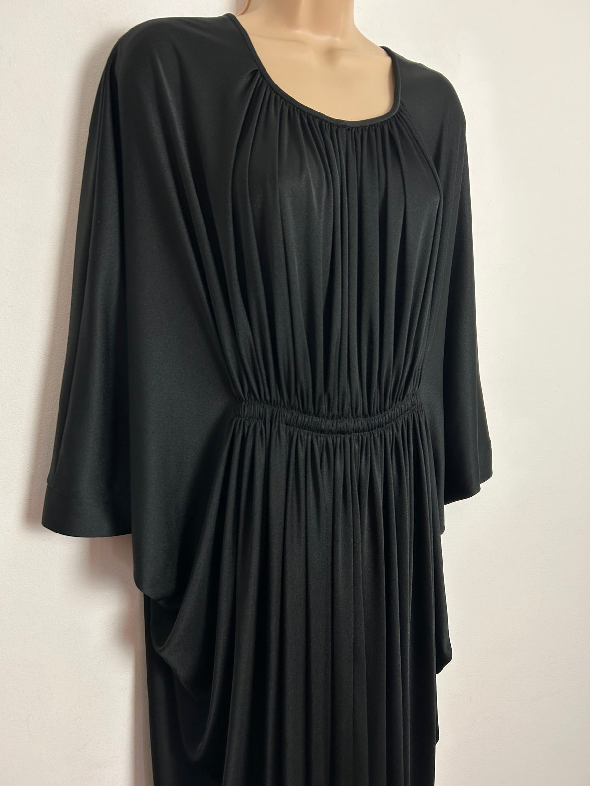 Vintage 1970s UZANEL UK Size 14-16 Black Draped Wide Cuffed Sleeve Occasion Evening Maxi Dress