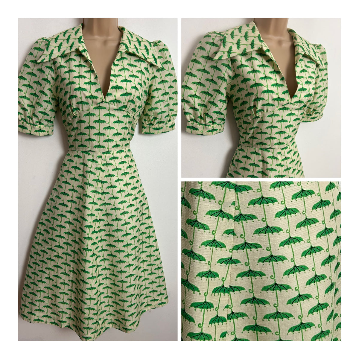 Vintage 1970s UK Size 8 Cute Cream & Green Umbrella Novelty Print Dagger Collar Fit & Flare Dress