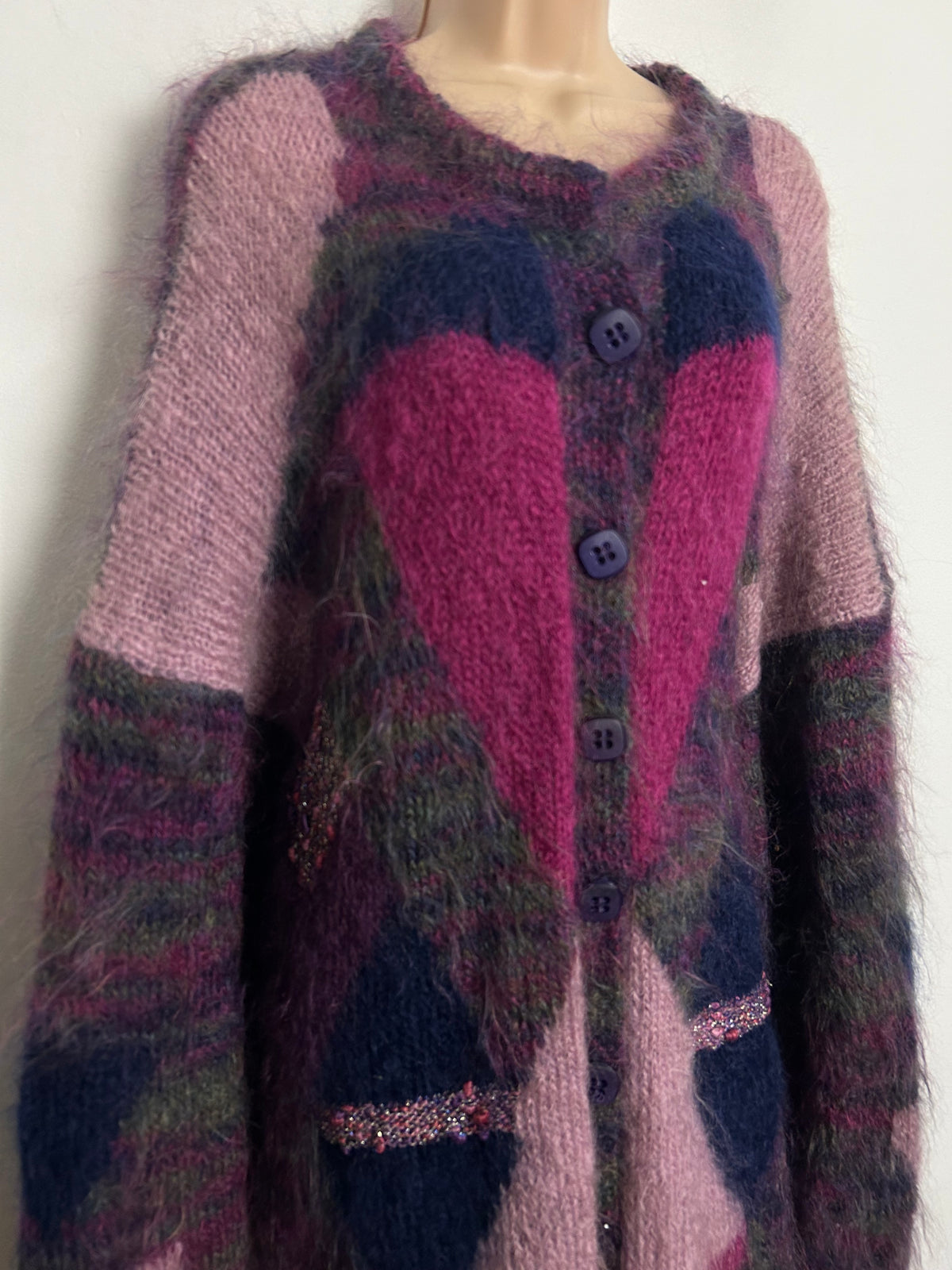 Vintage 1980s One Size Up To Size 16/18 Purple & Pink Tones Mohair Mix Longline Cardigan