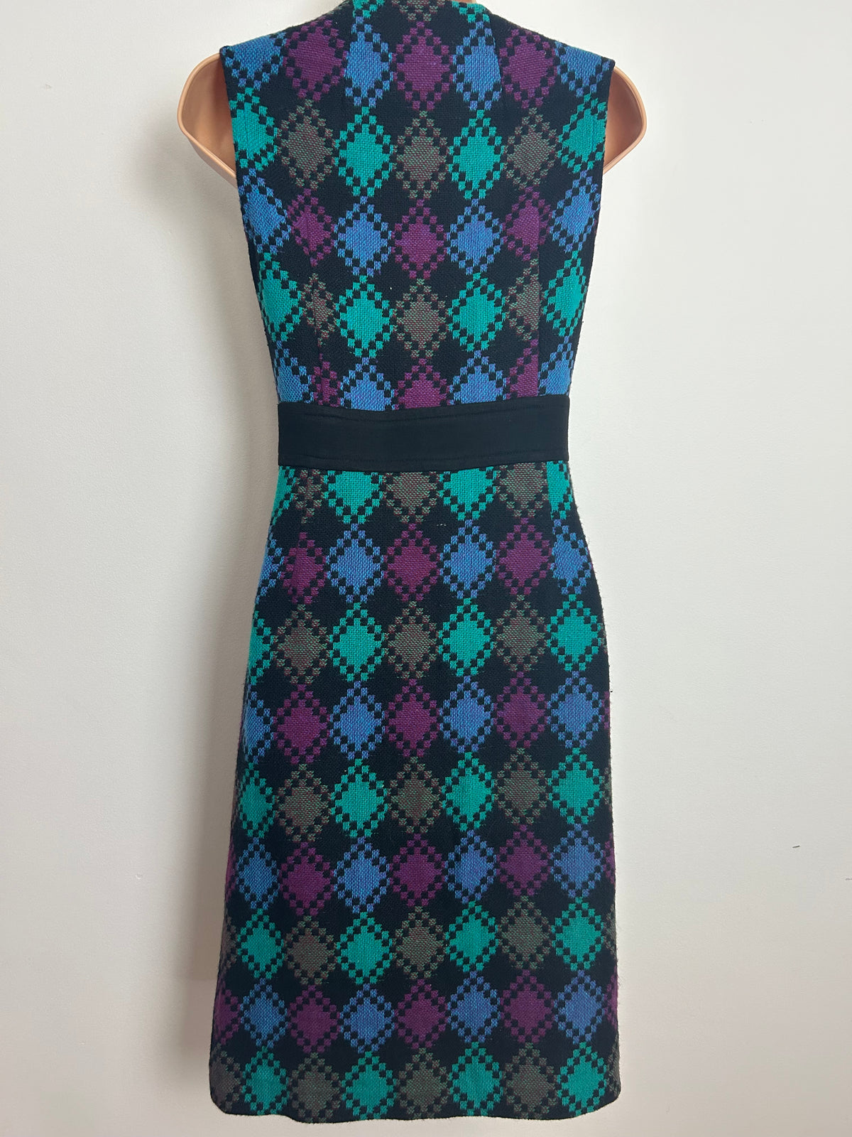 Vintage Late 1960s WINDSMOOR Size 10 Black Blue & Purple Diamond Check Button Through Woven Day Dress