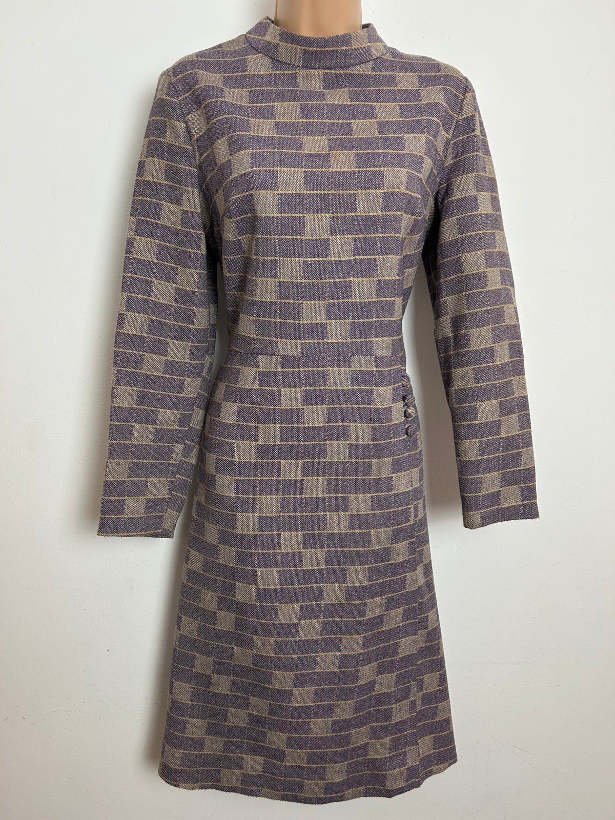 Vintage 1960s DANDI BY BERKERTEX Size 12-14 Mauve & Beige Check Print Wool Mix Mod Dress