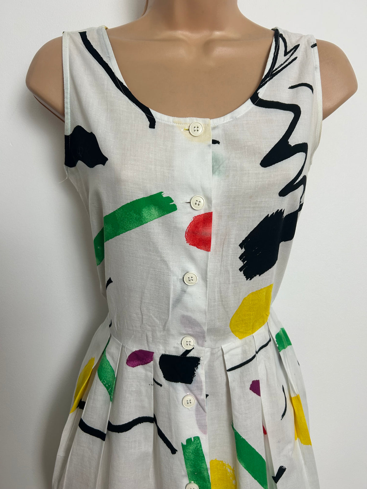 Vintage 1980s CACHAREL Size 8 White Multicolour Abstract Print Pleated Cotton Summer Dress