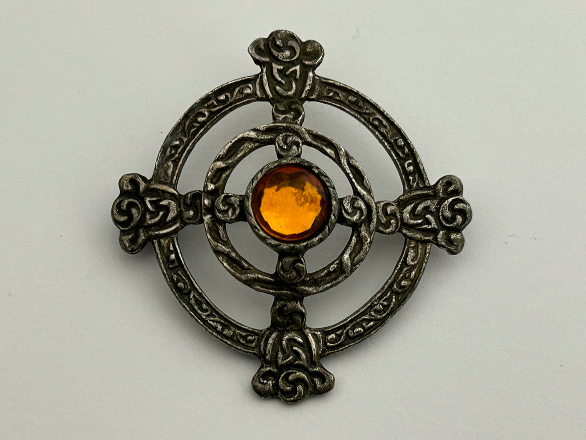Vintage 1960s Silver Tone Scottish Celtic Shield Style Pin Brooch With Foil Backed Amber Glass Bead
