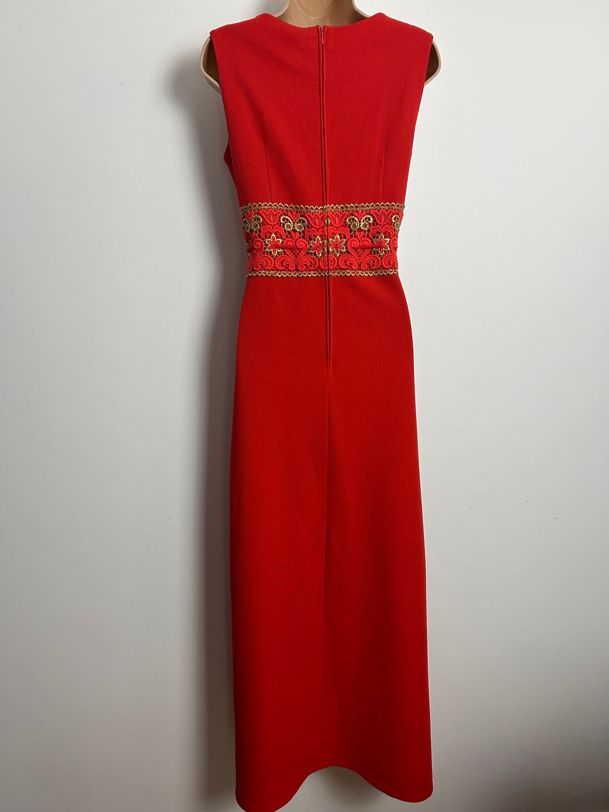 Vintage 1960s EMILIANA Size 10 Red & Gold Crimplene Lace Waist Panel Occasion Evening Maxi Dress