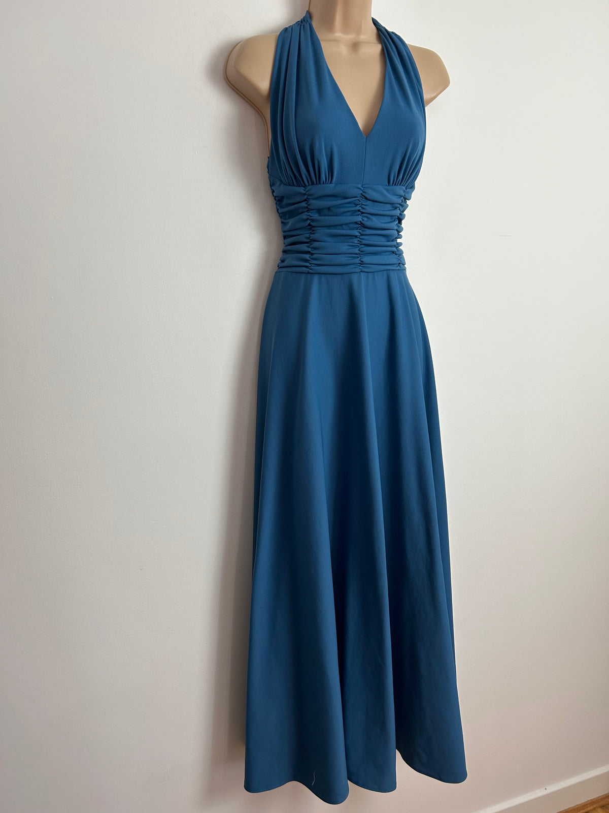 Vintage 1970s Size 6 Dark Dusky Blue Cage Back Ruched Waist Occasion Maxi Dress
