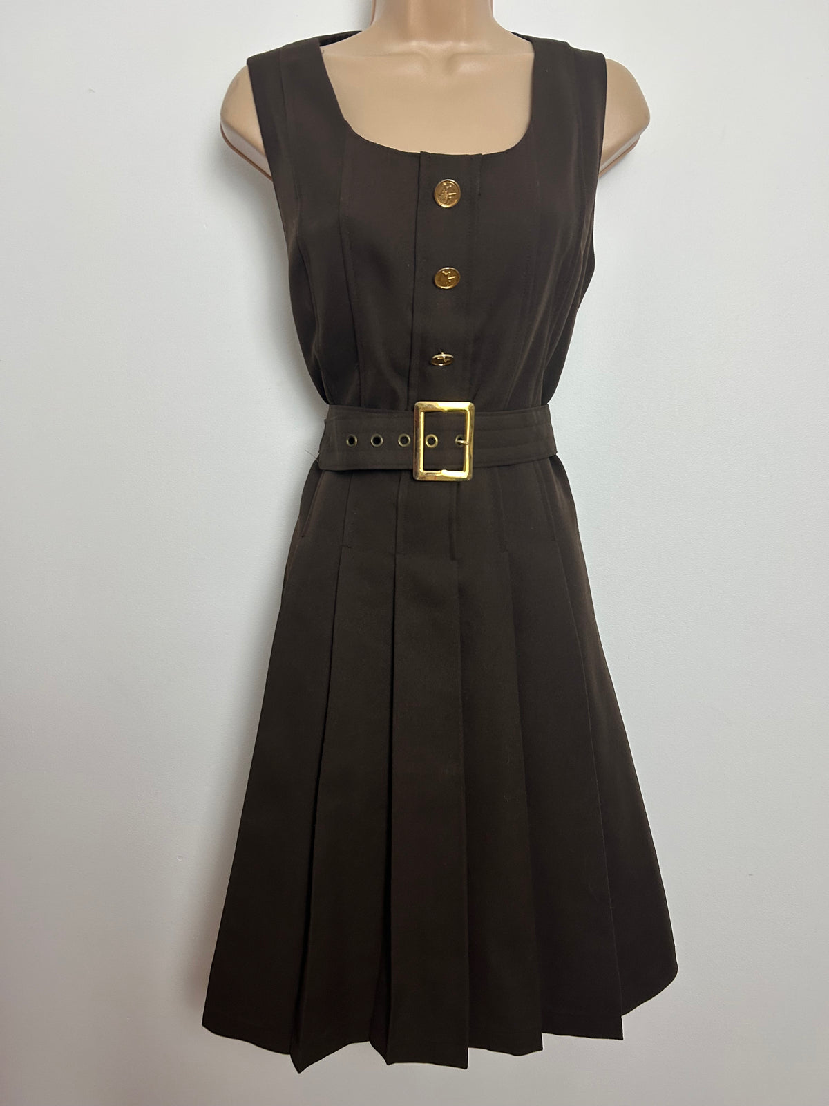 Vintage 1970s Size 12 Brown Pleated Belted Gold Button Detail Mod Day Dress