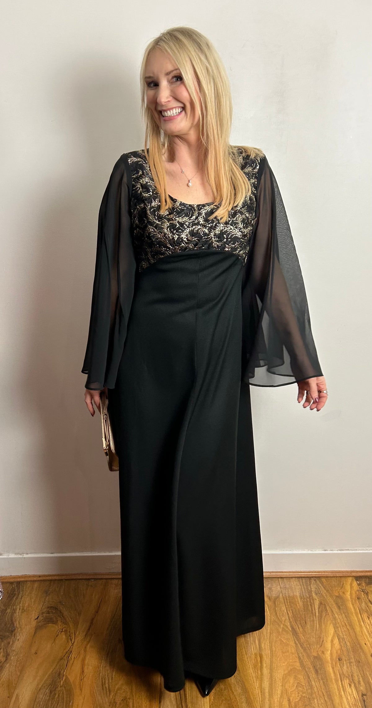Vintage 1970s UK Size 8 Black & Metallic Gold Flared Sleeve Xmas Party Occasion Evening Maxi Dress