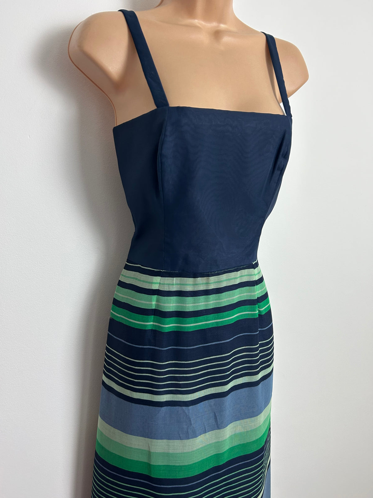 Vintage Late 1960s G. VALENS BRUXELLS Size 8-10 Navy Blue & Green Stripe Maxi Dress