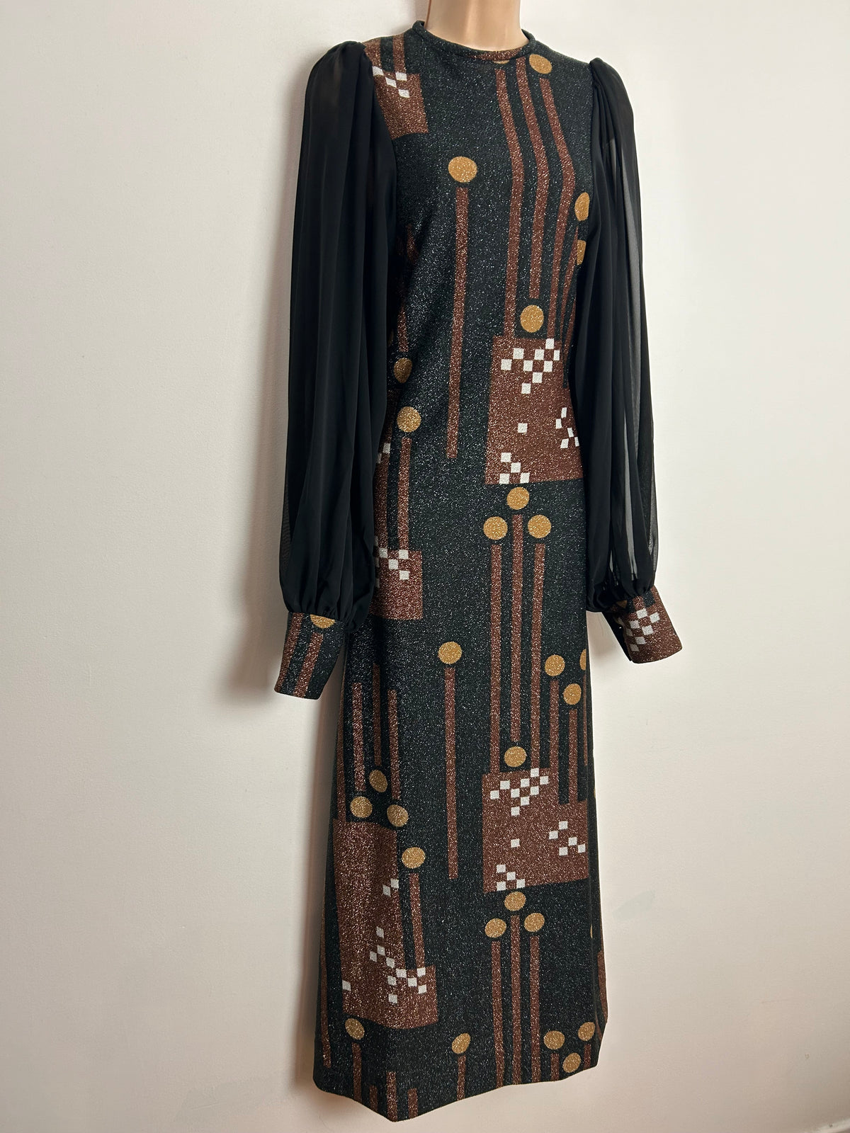 Vintage Early 1970s FIONA UK Size 6-8 Black Bronze & Sandy Beige Lurex Stripe Circle & Geo Print Long Sleeve Occasion Maxi Dress