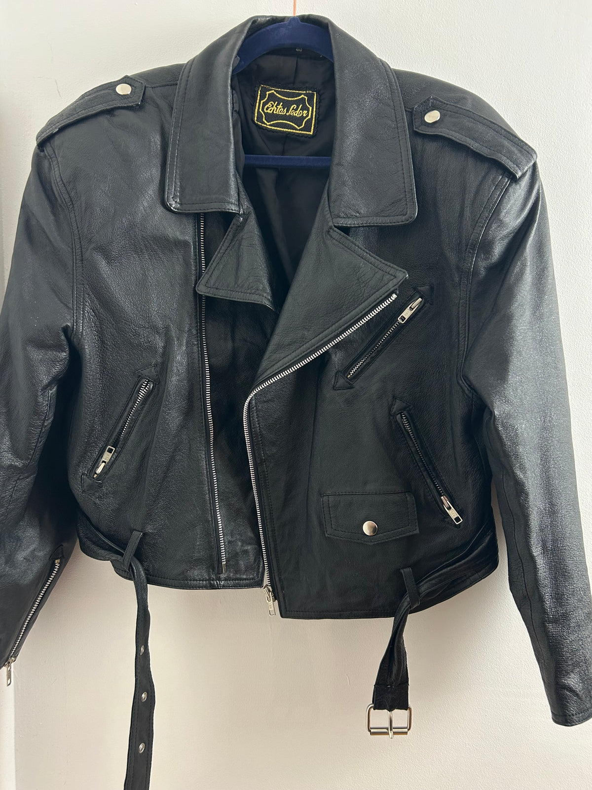 Vintage 1980s ECHTES LEDER UK Size 12-14 Black Leather Classic Biker Jacket