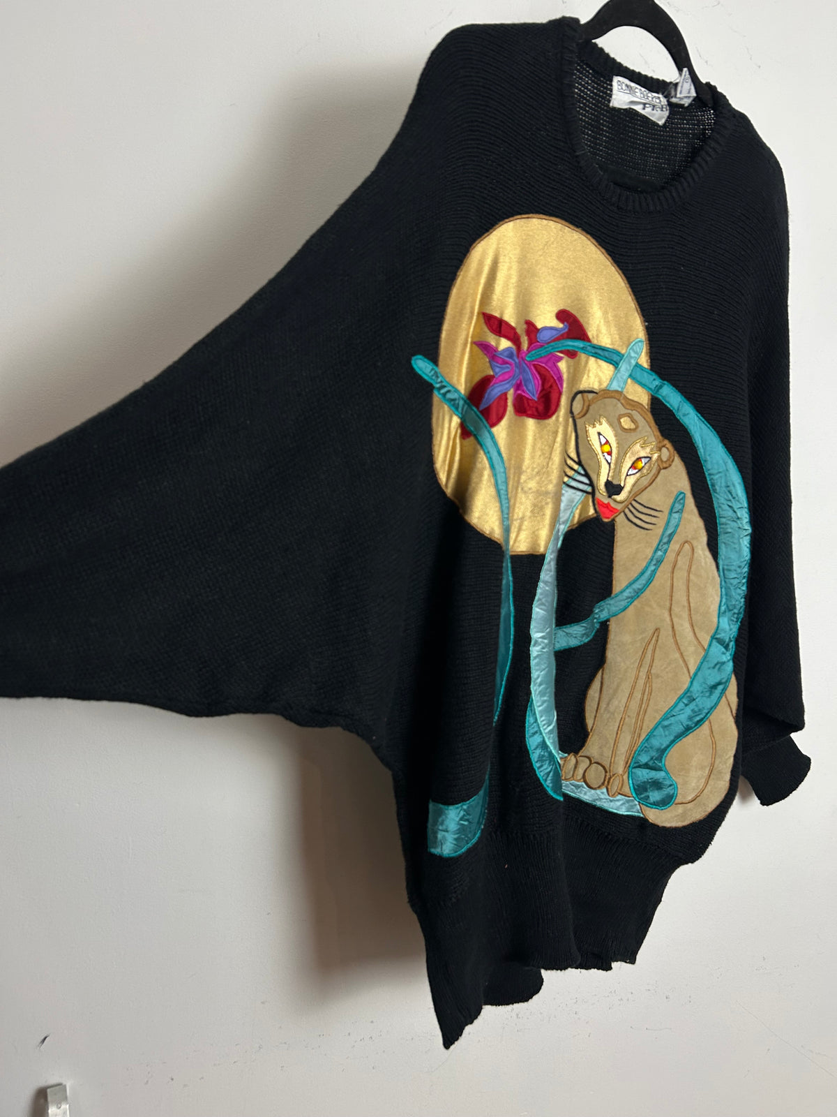 Vintage 1980s BONNIE BOERER PRET Size L (Up To 14/16) Black Large Applique Puma Bat Wing Jumper