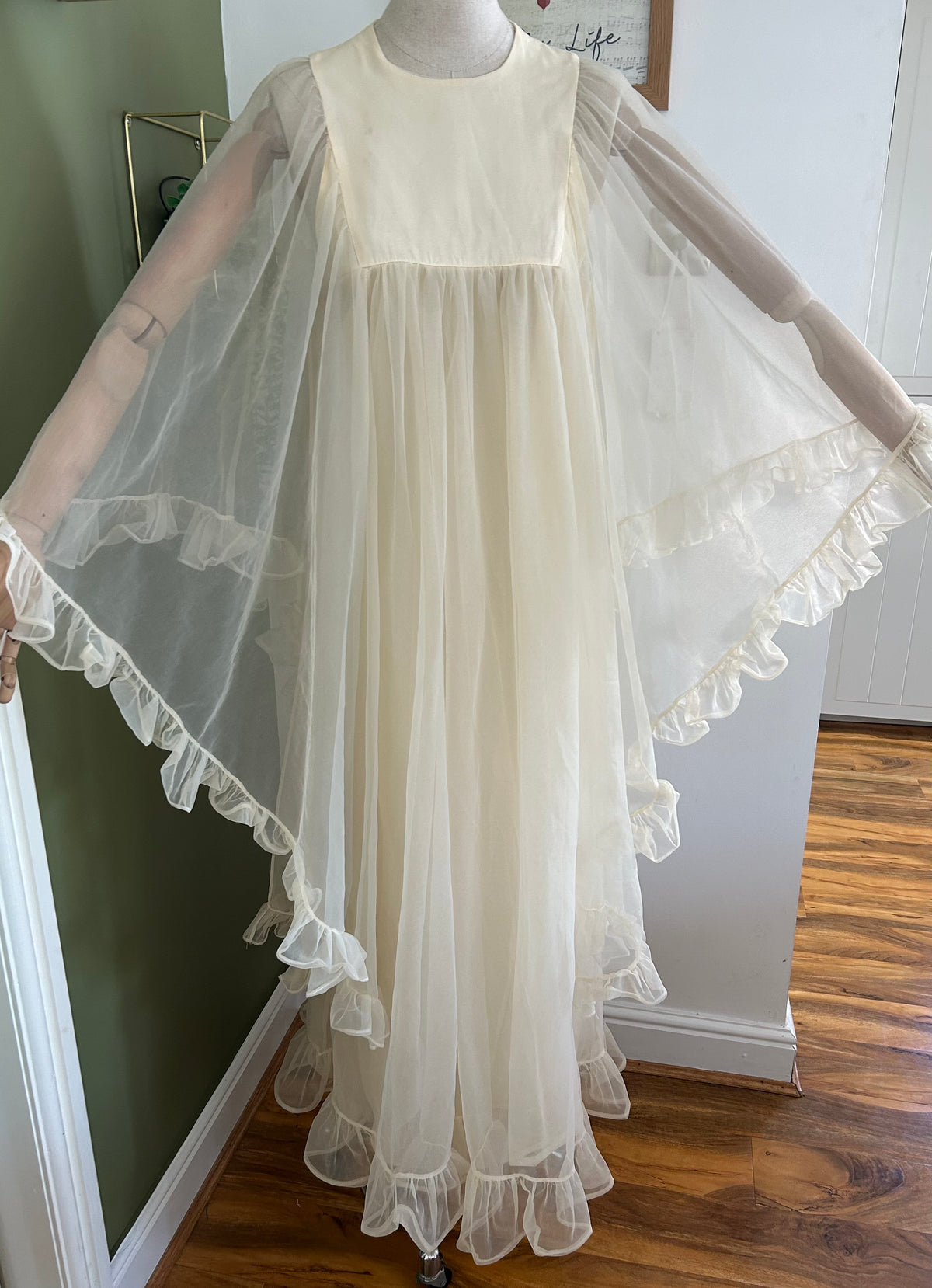 Vintage 1960s Size 10 Cream Nylon Double Layered Ruffle Trim Wide Floaty Sleeve Boho Maxi Dress
