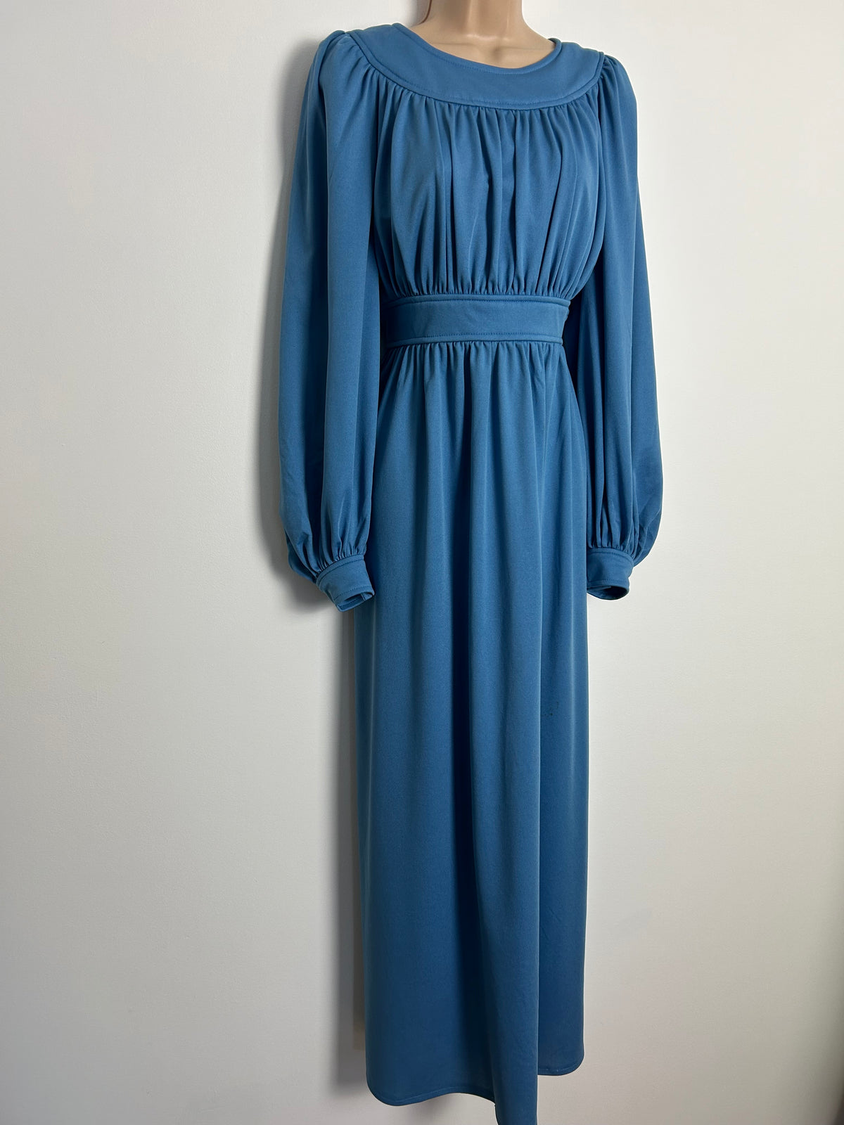 Vintage Late 1970s AFTER SIX BY RONALD JOYCE UK Size 10-12 Powder Blue Long Sleeve Gather Pleated Maxi Dress