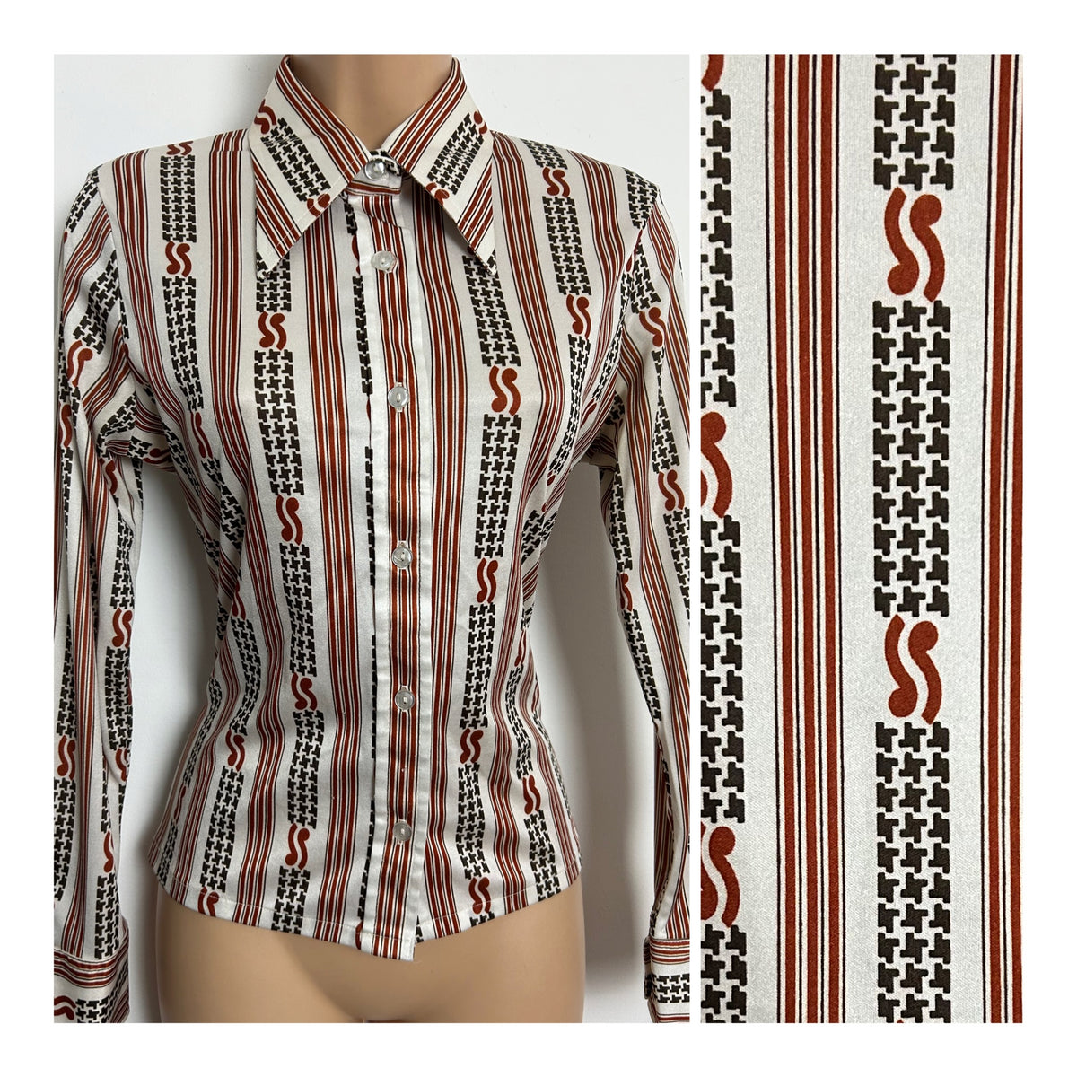 Vintage 1970s Size 10 White Brown & Rust Stripe & Dogtooth Print Dagger Collar Long Sleeve Shirt