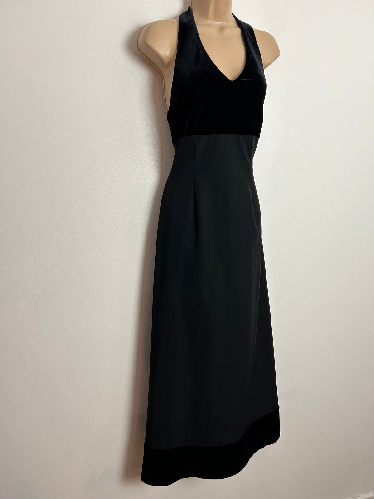 Vintage Late 1980s/Early 1990s ANGIE UK Size 6 Black Velvet Bodice Halterneck Evening Maxi Dress