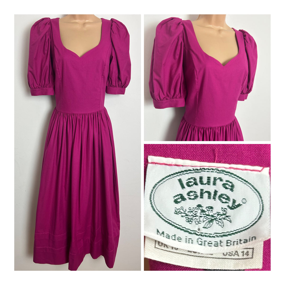 Vintage 1980s LAURA ASHLEY Size 12 (16 On Label) Fuchsia Pink Puff Sleeve Pleated Midi Dress
