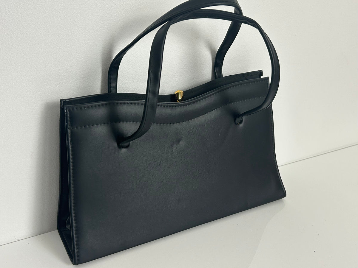 Vintage 1960s Black Faux Leather Lovely Shape Kelly Style Handbag
