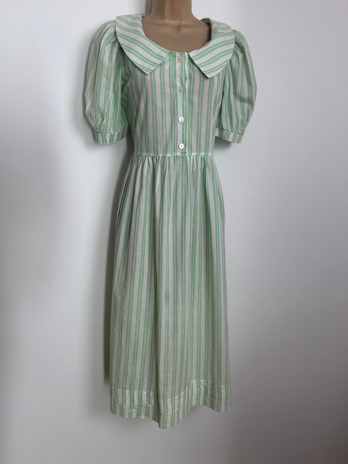 Vintage 1980s Size 12 LAURA ASHLEY Pale Green & White Stripe Print Cotton Day Dress