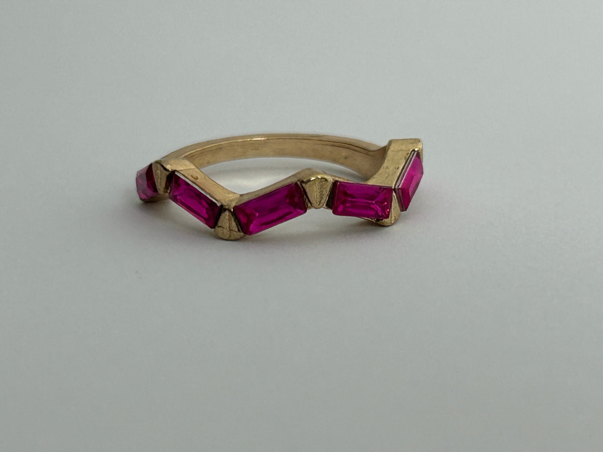 Vintage Gold Tone Base Metal Band Ring With Pink Stones Size O