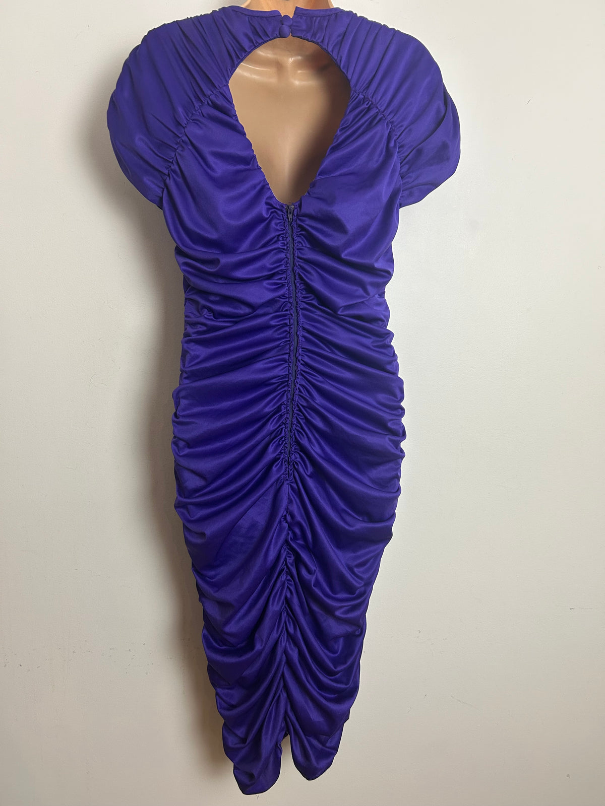 Vintage 1980s Size 10-12 Purple Ruched Draped Mesh Panel Open Back Fitted Wiggle Xmas Party Dress
