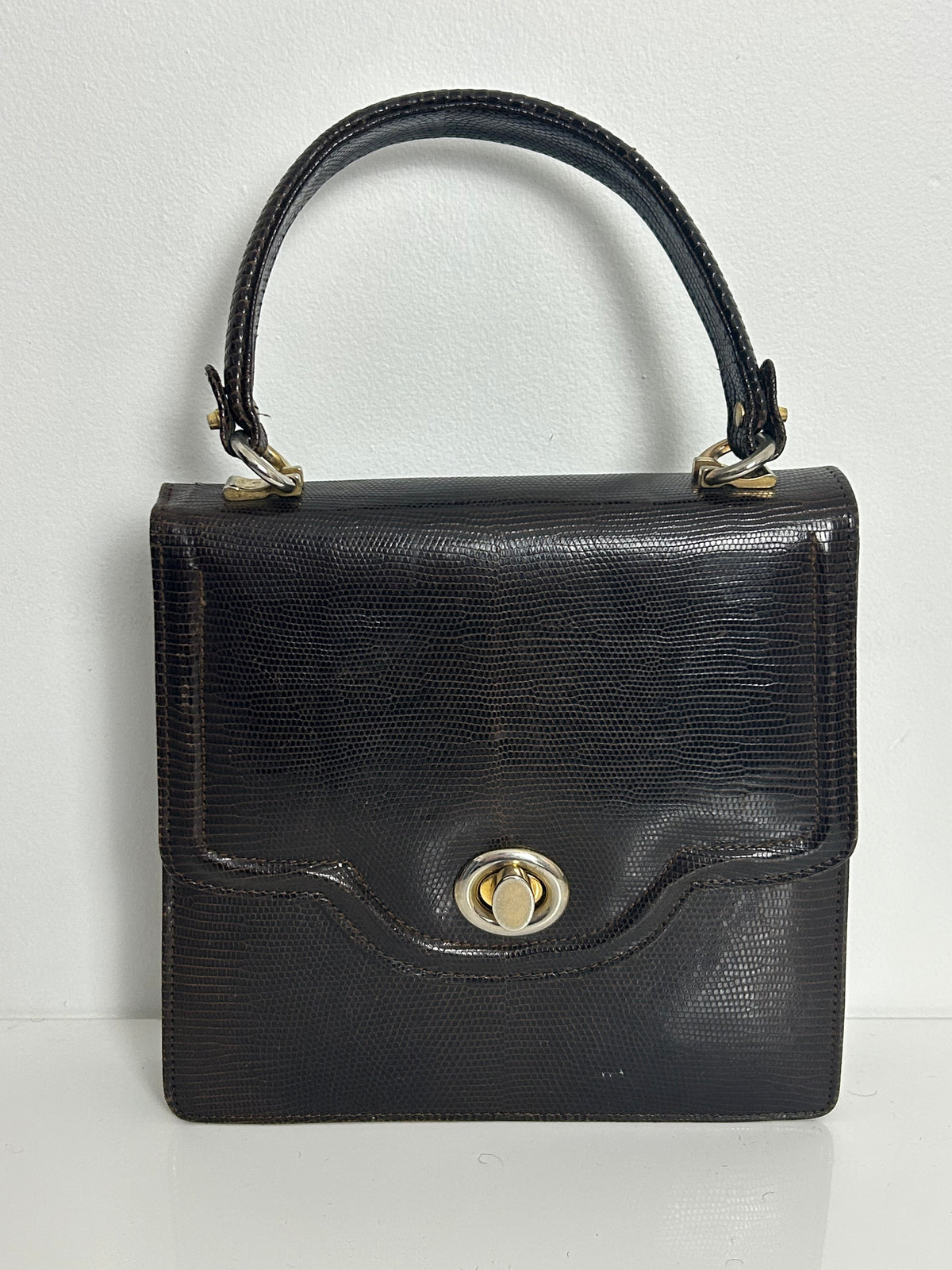 Vintage 1960s Dark Brown Leather Grab Handle Kelly Style Handbag