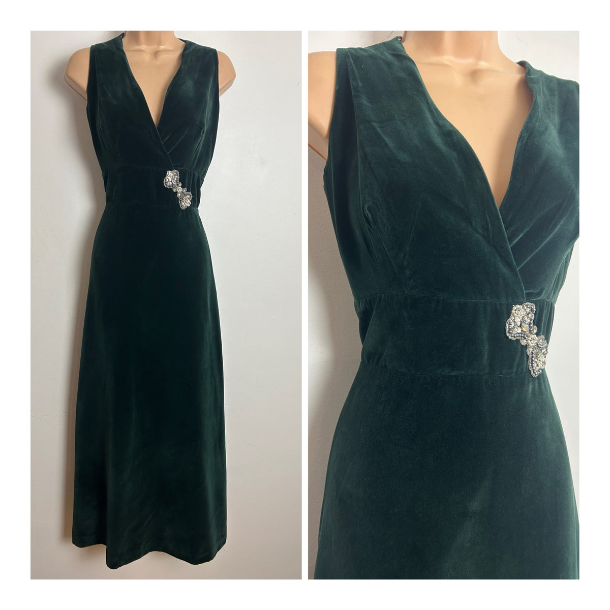 Vintage 1960s Size 10 Beautiful Forest Green Velvet Beaded Applique Evening Maxi Dress