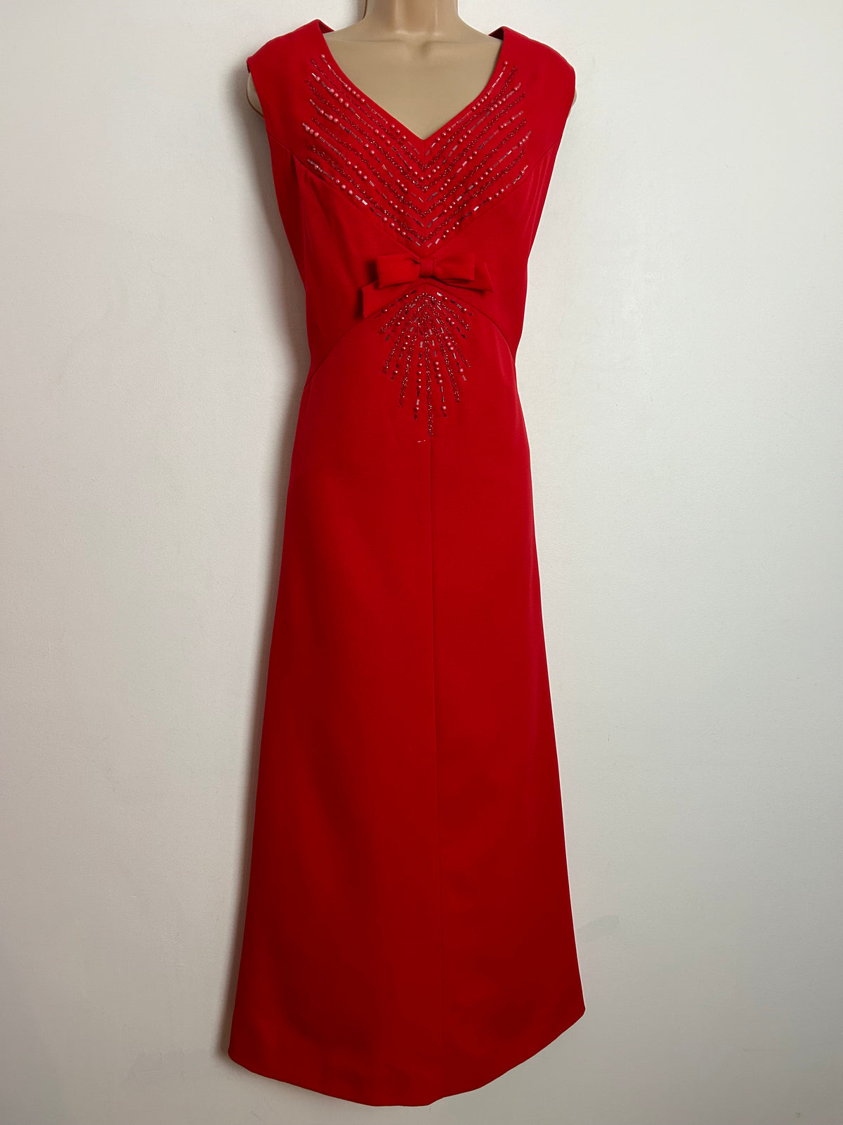 Vintage Late 1960s UK Size 12-14 Red Bead & Bow Embellished Occasion Evening Maxi Dress