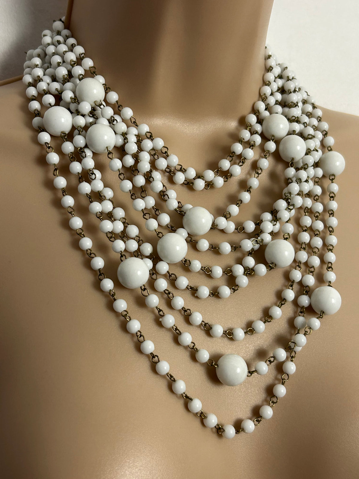Vintage 1960s White Plastic Bead Ten Strand Statement Necklace (Hong Kong)