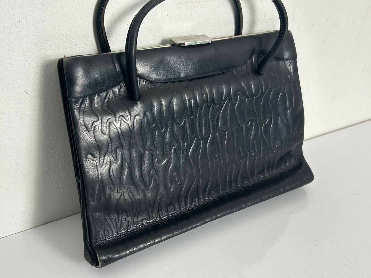 Vintage Early 1950s Small Black Embossed Kelly Style Handbag