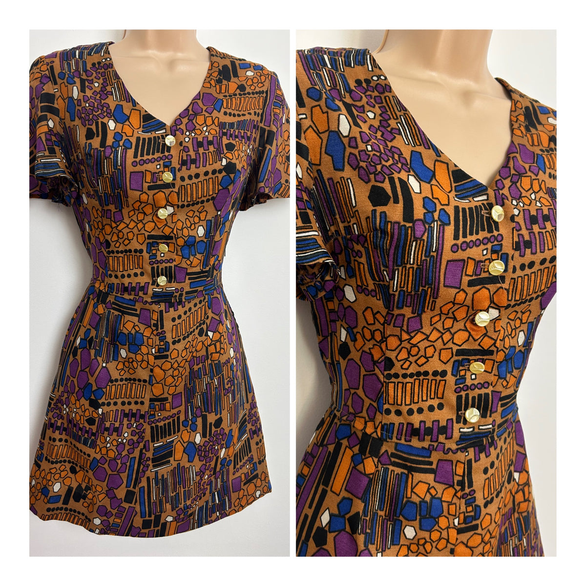 Vintage Late 1960s Size 6 Brown Purple & Blue Abstract Geo Print Mini Dress