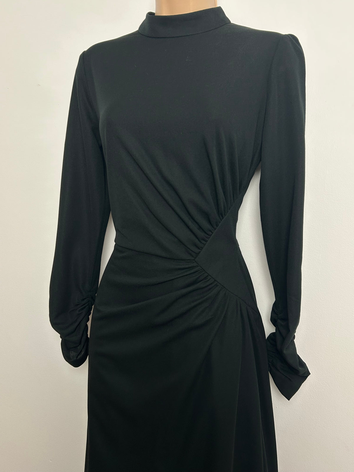 Vintage 1970s BERKERTEX Size 8 Classic Black Side Panel Long Sleeve Maxi Dress