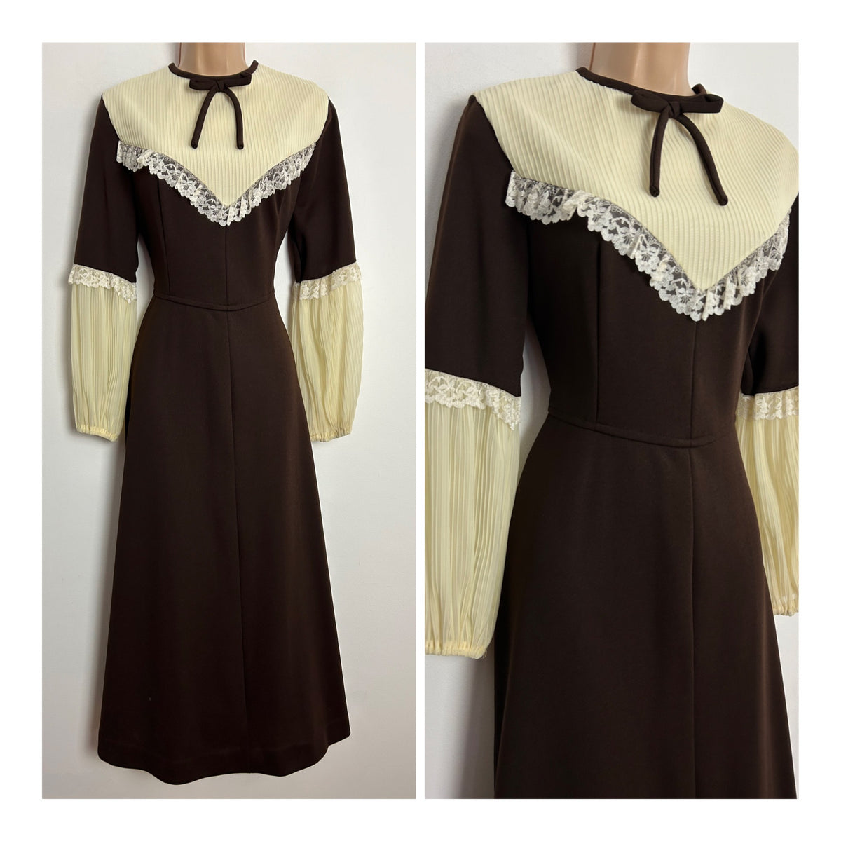 Vintage 1970s C&A UK Size 10 Chocolate Brown & Cream Ribbed Panel Long Sleeve Lace Trim Prairie Boho Midi Dress