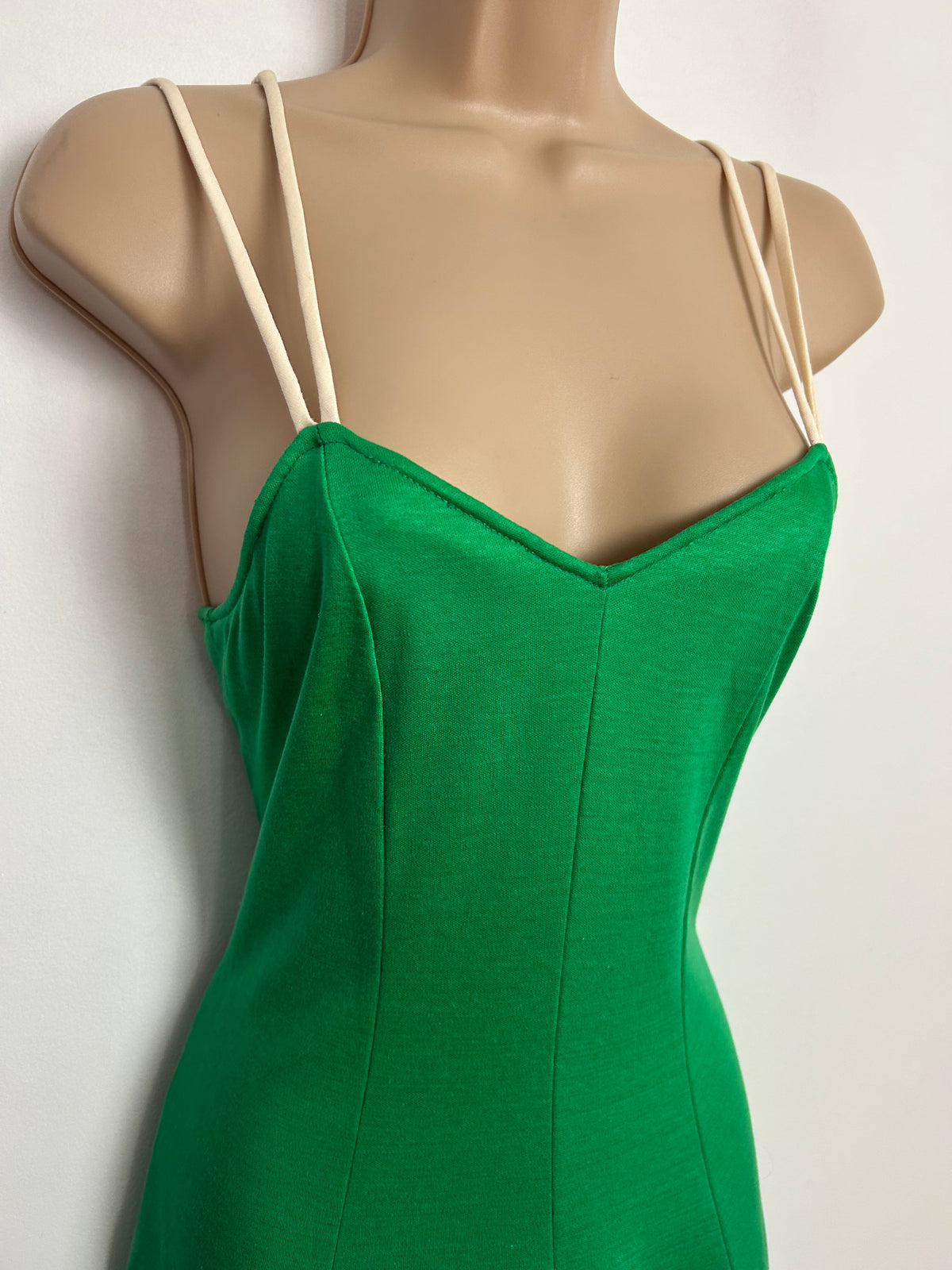 Vintage 1970s SAINT CLOUD Size 6 Green & Beige Double Strap Mini Sundress