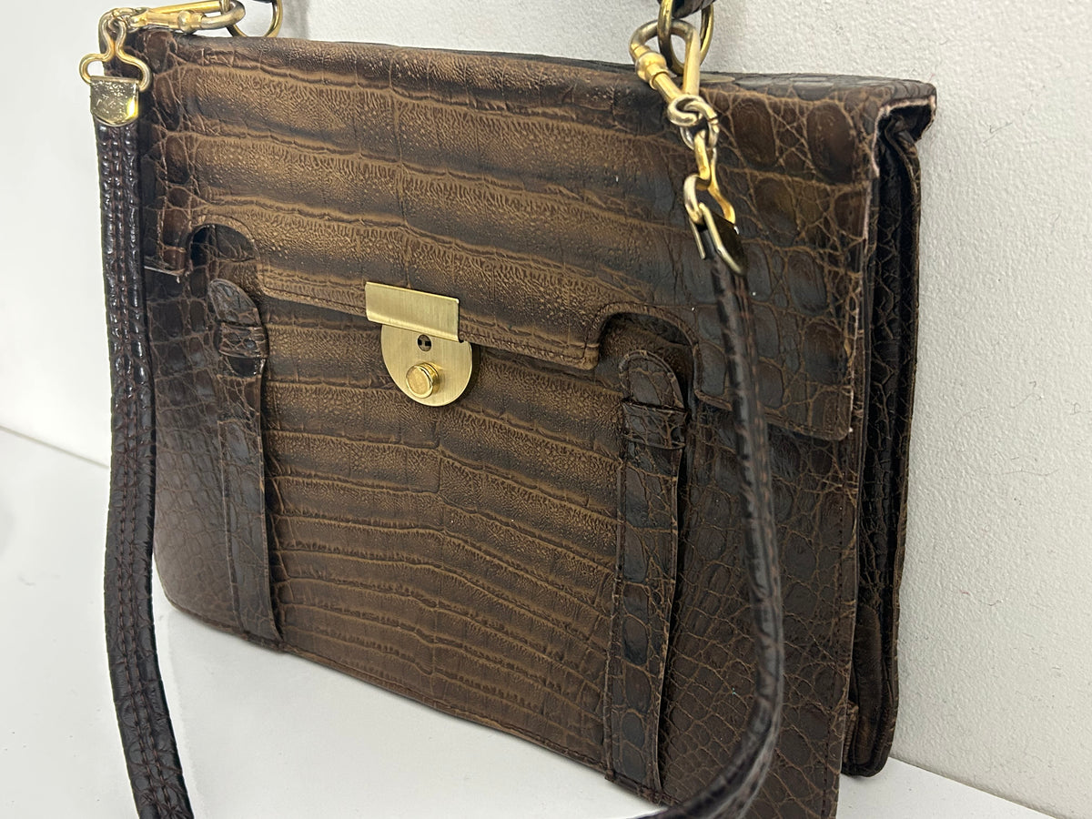 Vintage 1970s Large Brown Real Leather Mock Croc Handbag