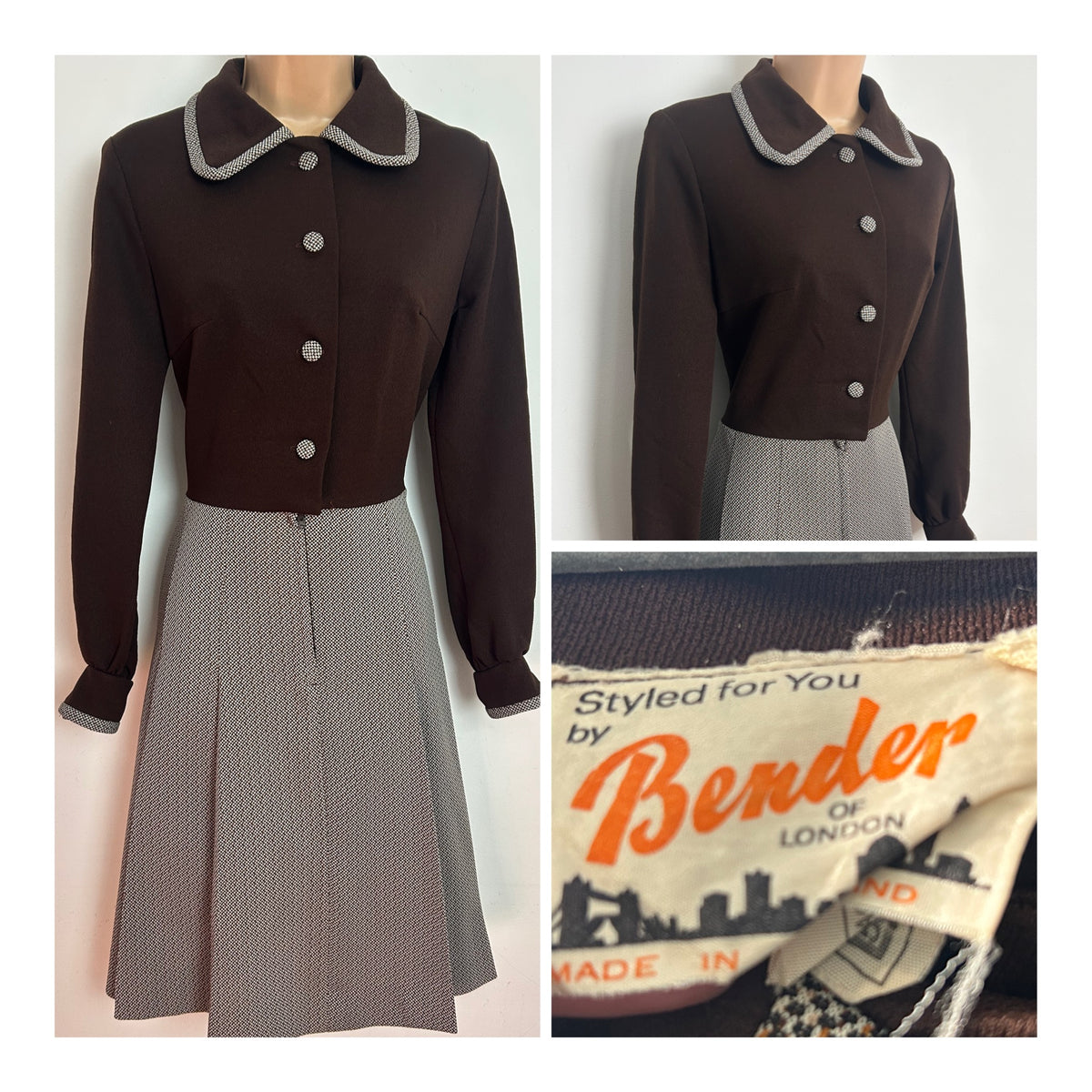 Vintage 1960s BENDER OF LONDON Size 10 Brown Tweed Effect Pleated Long Sleeve Mod Dress