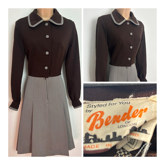 Vintage 1960s BENDER OF LONDON Size 10 Brown Tweed Effect Pleated Long Sleeve Mod Dress