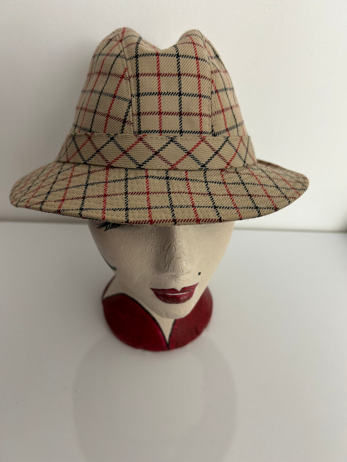 Vintage DANNIMAC Beige Red & Black Check Wool Mix Trilby Style Hat