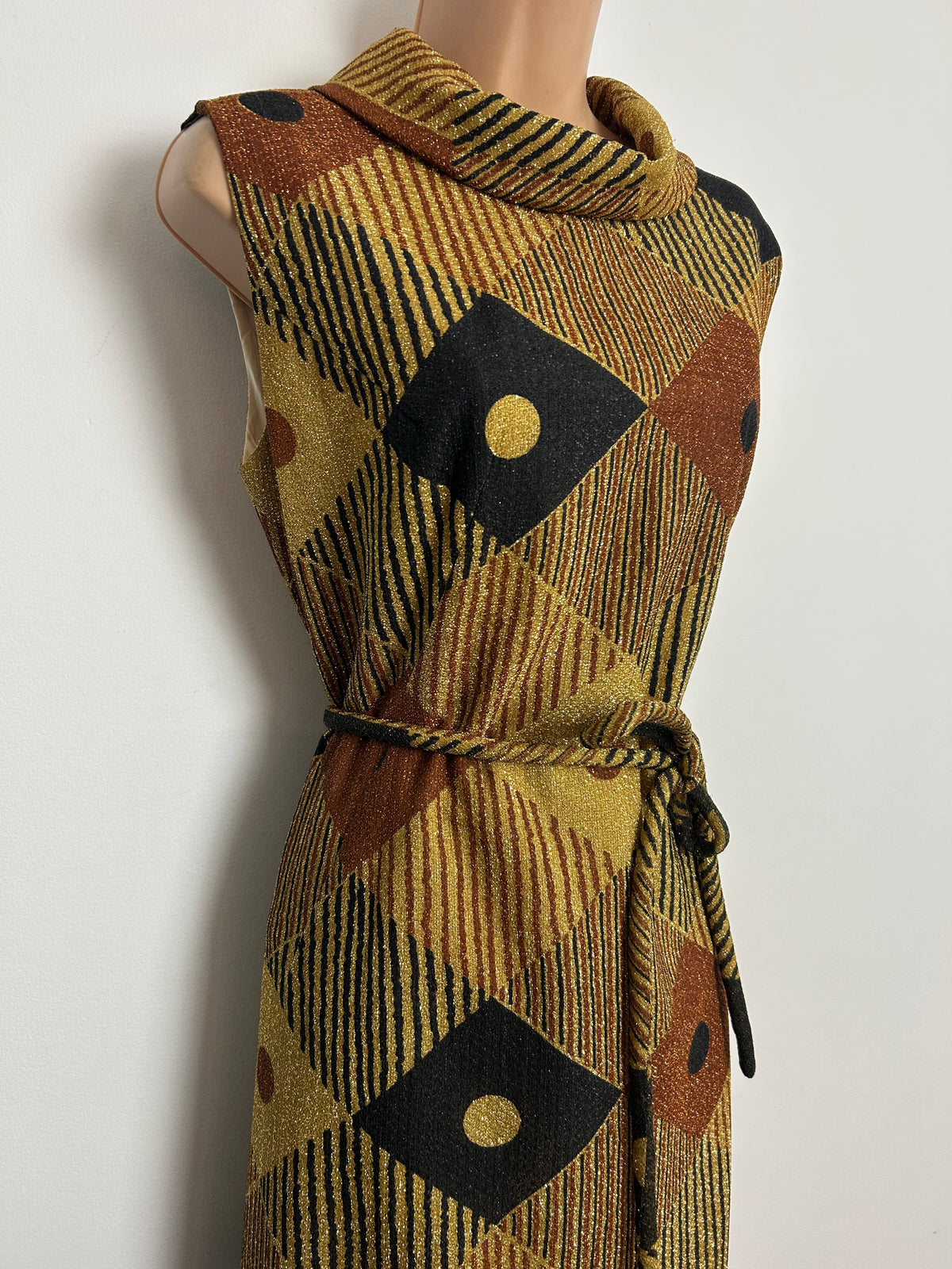 Vintage 1970s MANDELL COUTURE Size 12 Gold Bronze & Black Lurex Stripe & Diamond Print Long Sleeve Belted Occasion Maxi Dress