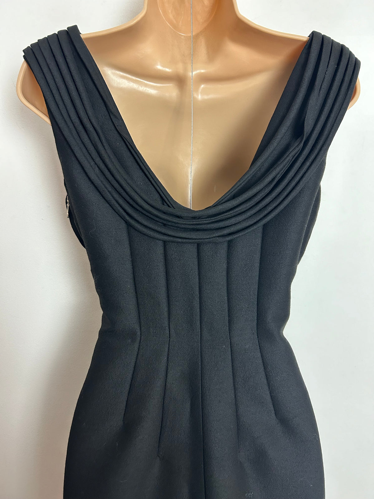 Vintage 1960s UK Size 10 Black Sleeveless Scooped Back Fitted Wiggle Party Dress
