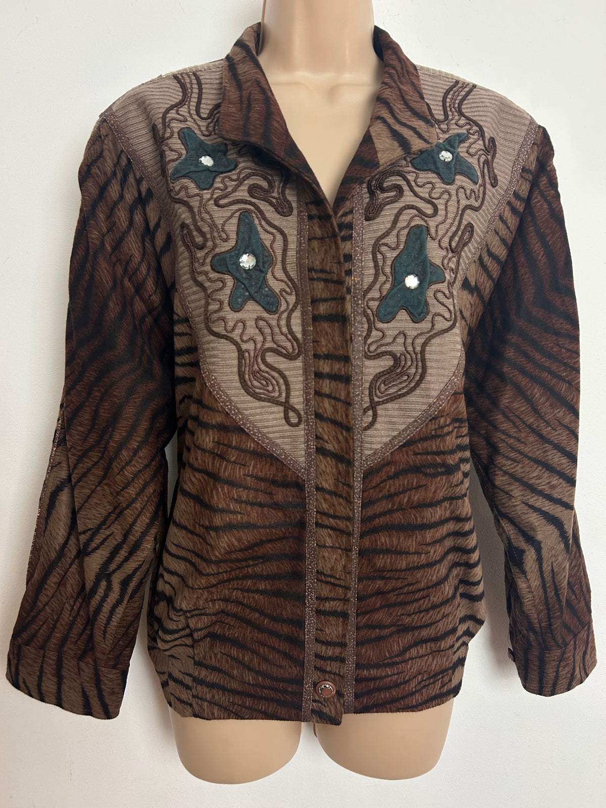 Vintage 1980s Size 12-14 Brown & Black Tiger Stripe Animal Print Braid & Applique Bomber Style Jacket