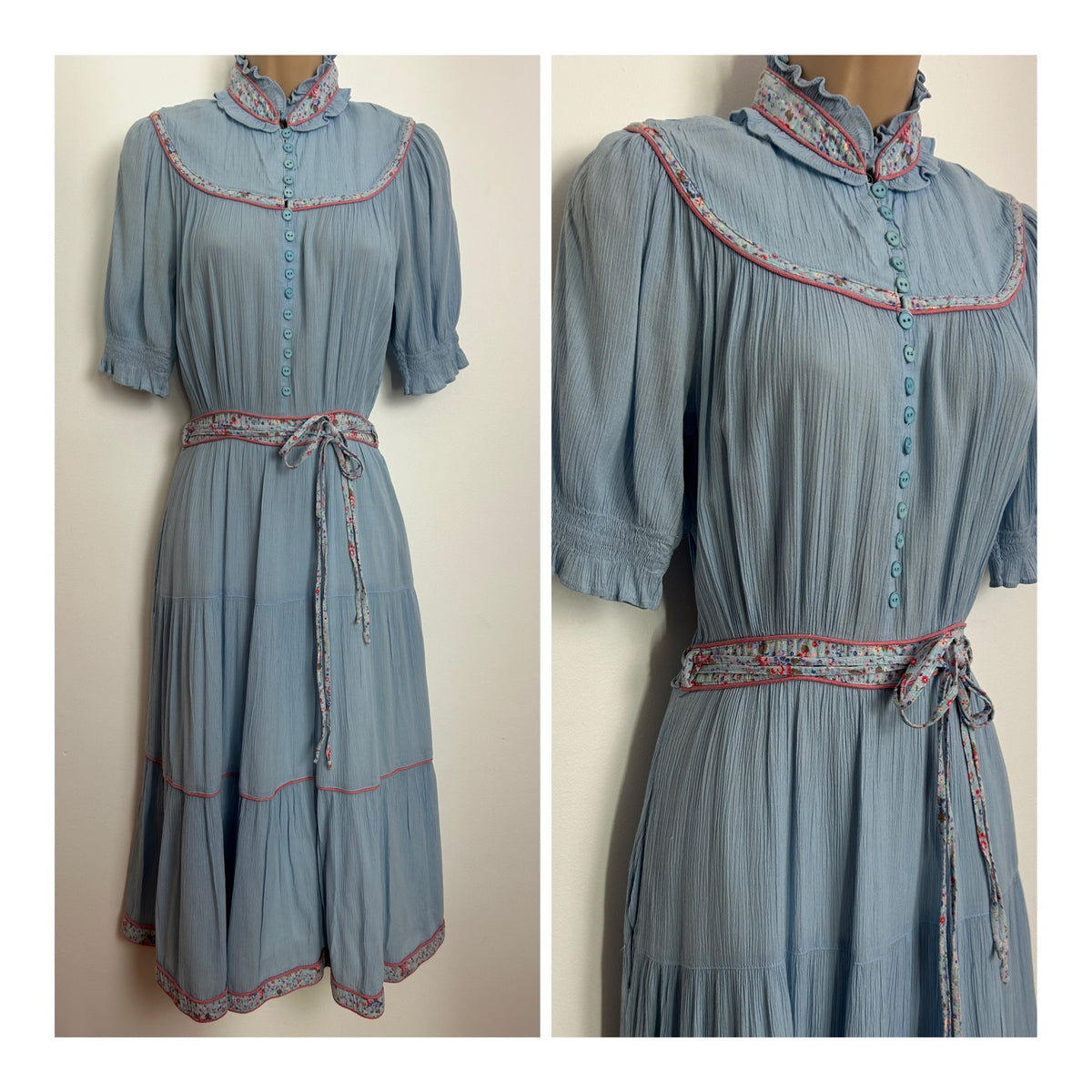 Vintage Late 1970s ELKONT Size 8 Pale Blue Cheesecloth Cotton Prairie Boho Midi Day Dress