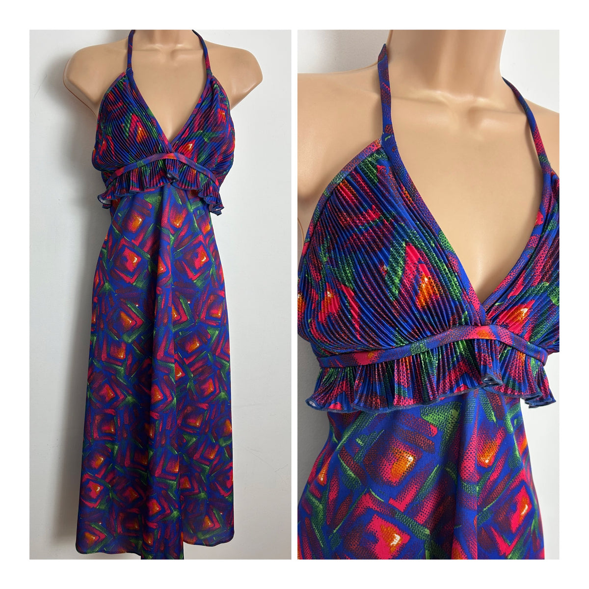 Vintage 1970s AFTER SIX BY RONALD JOYCE Size 10 Blue Red & Green Abstract Check Print Halter Neck Midi Dress