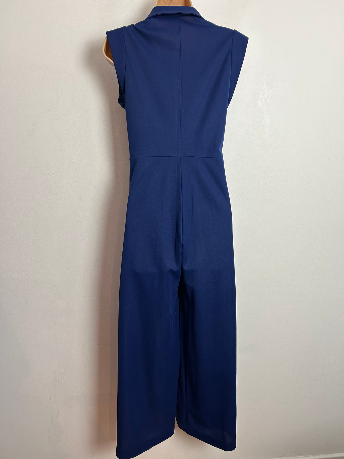 Vintage 1970s UK Size 8 Navy Blue Sleeveless Pocket Detail Wide Leg Zip Front Jumpsuit